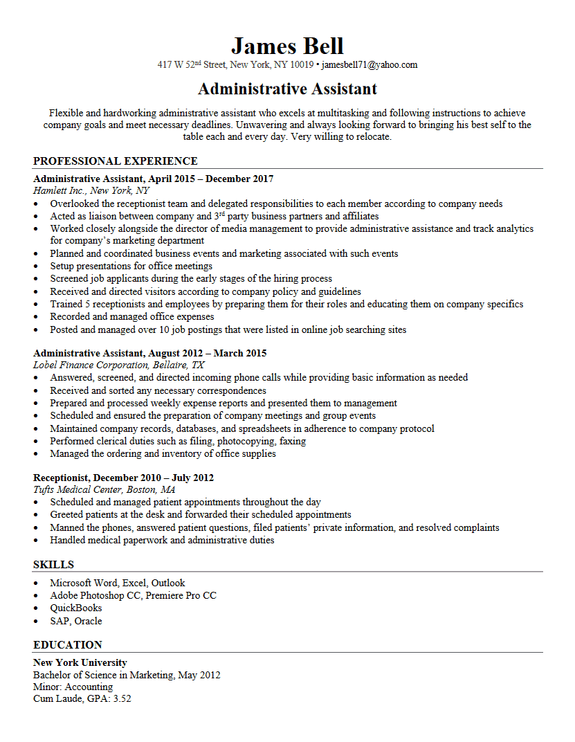 administrative assistant resume duties